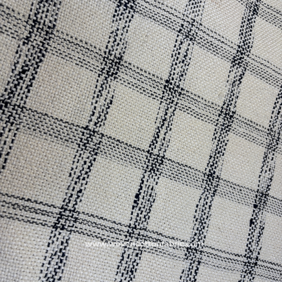 Monochrome Charcoal Black and Off-White Windowpane Plaid Cotton Handloom Fabric, Per Meter