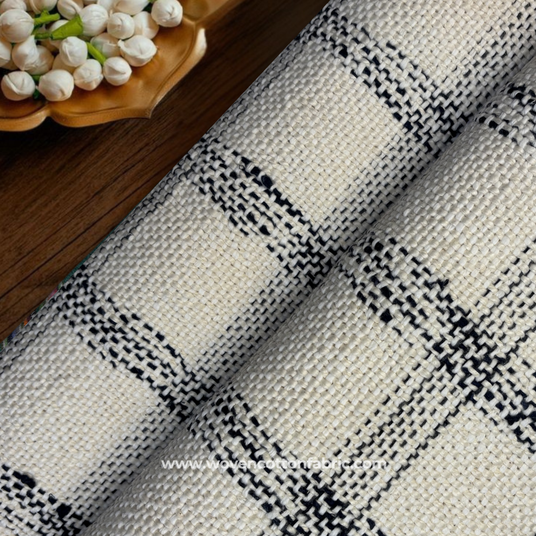 Monochrome Charcoal Black and Off-White Windowpane Plaid Cotton Handloom Fabric, Per Meter