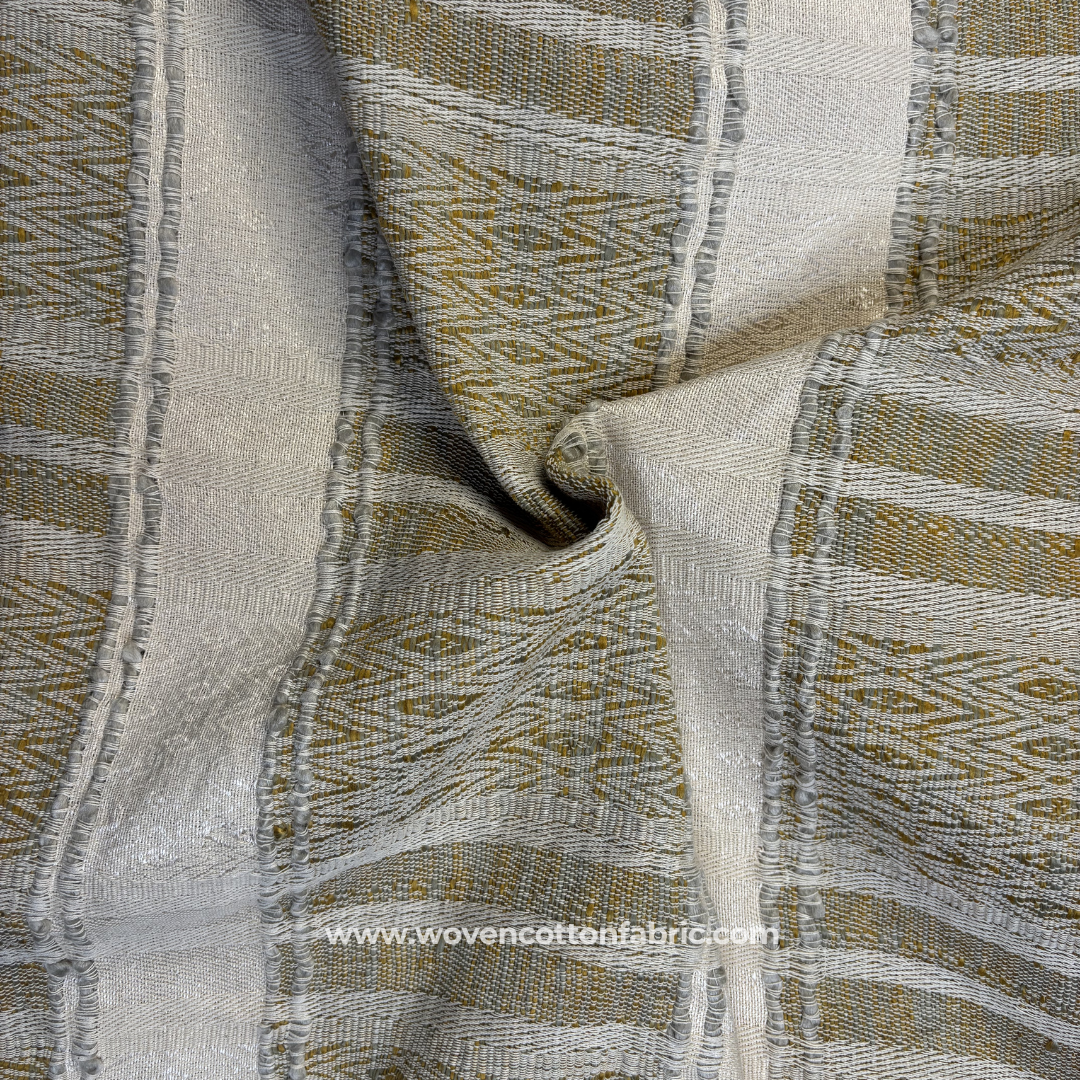 Ochre Olive and Grey Ikat Geometric Diamond Stripe Cotton Handloom Fabric, Per Meter