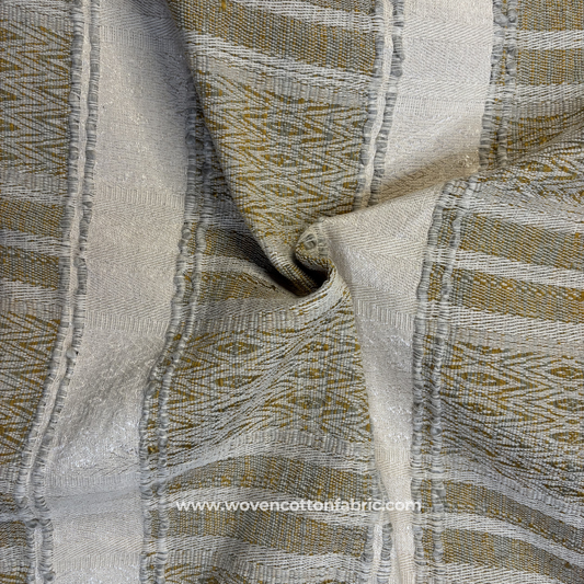 Ochre Olive and Grey Ikat Geometric Diamond Stripe Cotton Handloom Fabric, Per Meter
