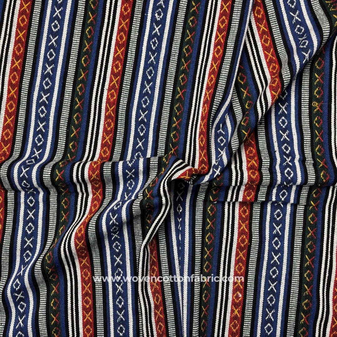 Savanna Stripes Navy Blue Cotton Jacquard Fabric, Per Meter