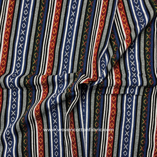 Savanna Stripes Navy Blue Cotton Jacquard Fabric, Per Meter