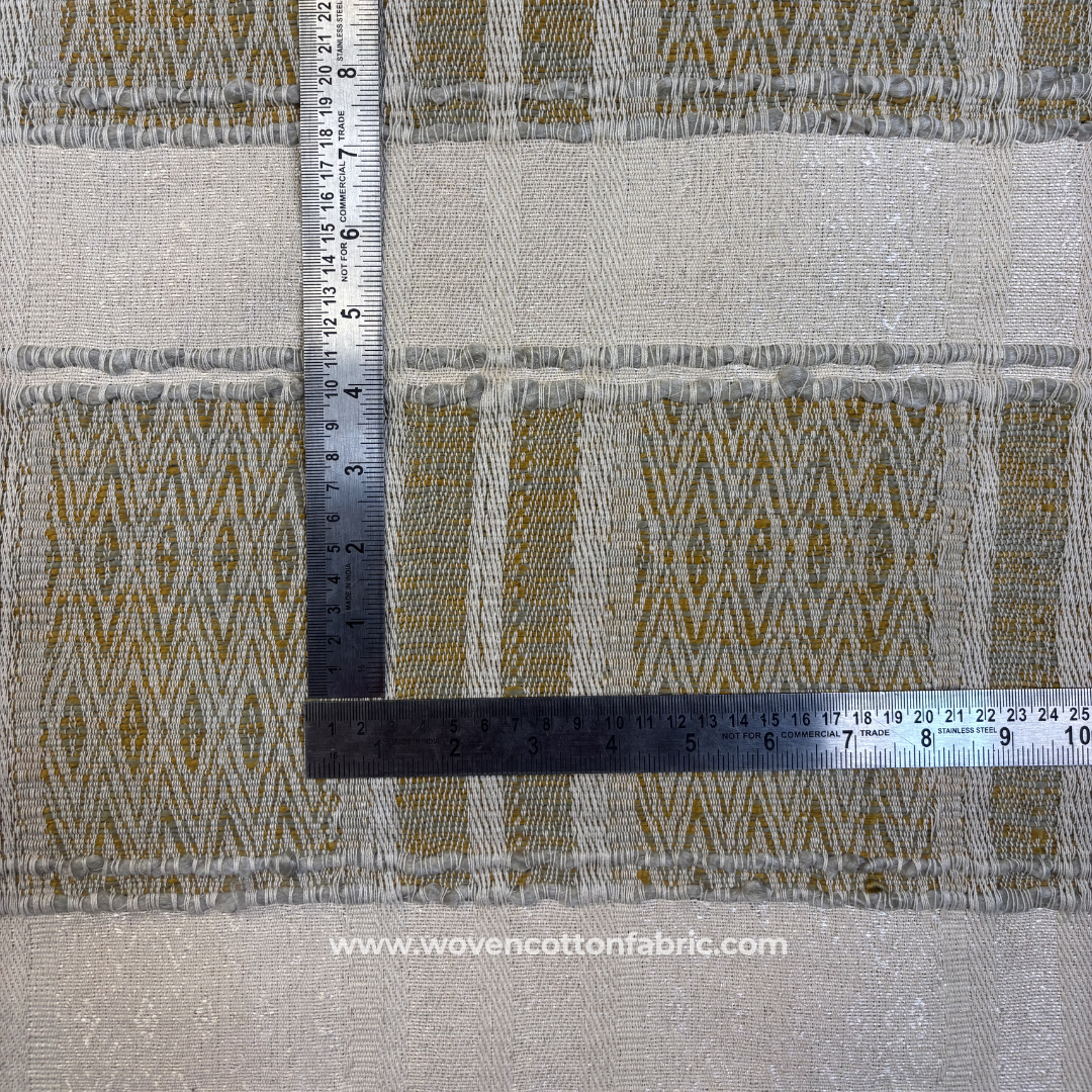Ochre Olive and Grey Ikat Geometric Diamond Stripe Cotton Handloom Fabric, Per Meter