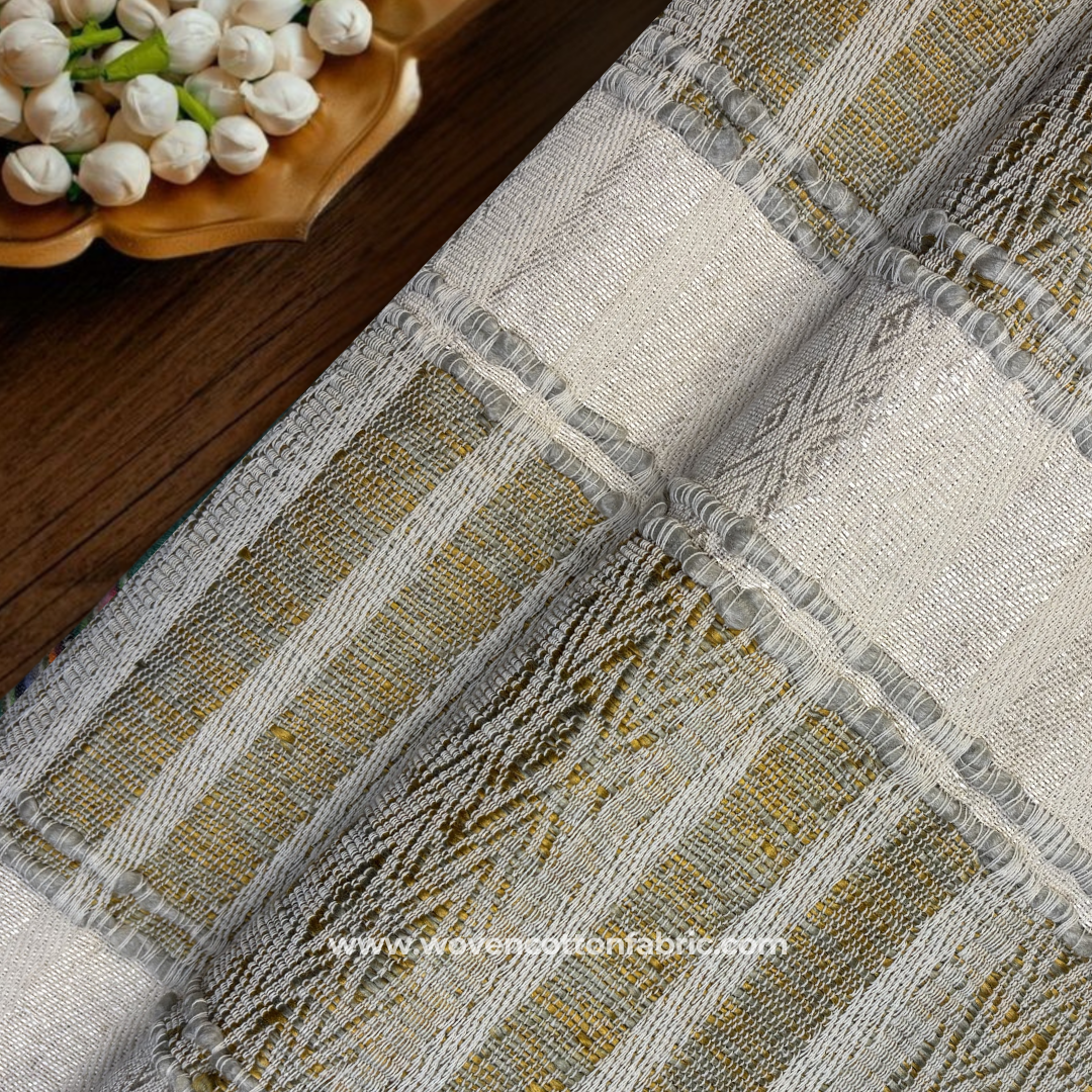 Ochre Olive and Grey Ikat Geometric Diamond Stripe Cotton Handloom Fabric, Per Meter