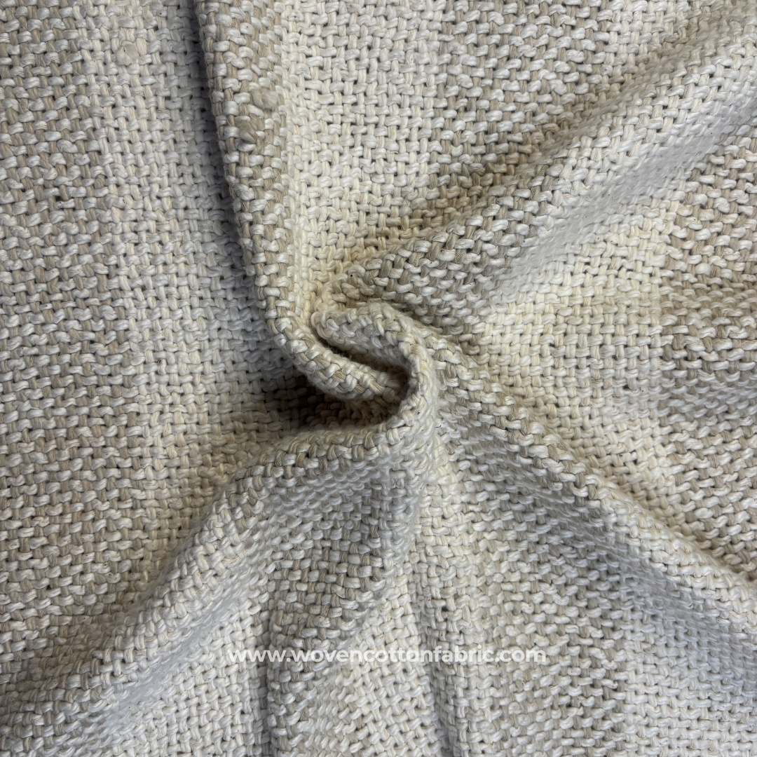Natural Oatmeal and Off-White Heavy Basketweave Cotton Handloom Fabric, Per Meter