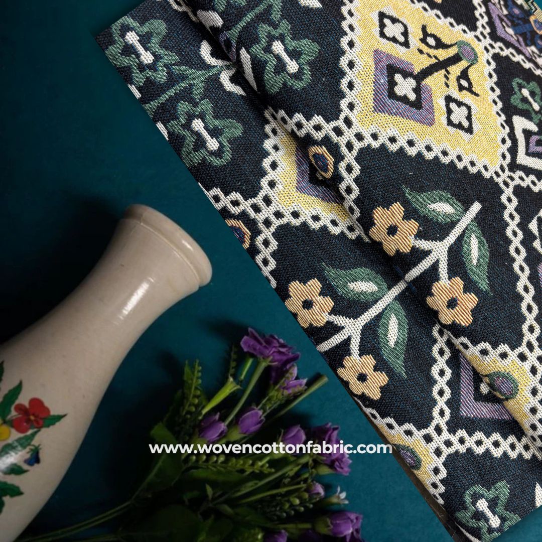 Folk Art Floral Cotton Jacquard Fabric, Per Meter