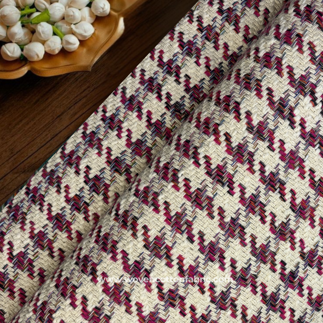 Magenta Multi Houndstooth Woven Cotton Handloom Fabric, Per Meter