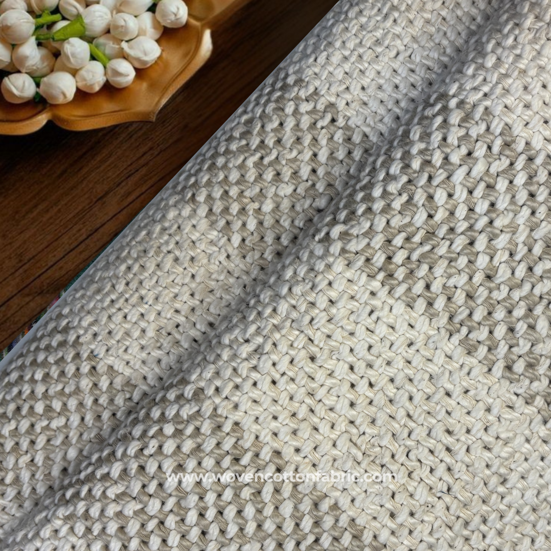 Natural Oatmeal and Off-White Heavy Basketweave Cotton Handloom Fabric, Per Meter