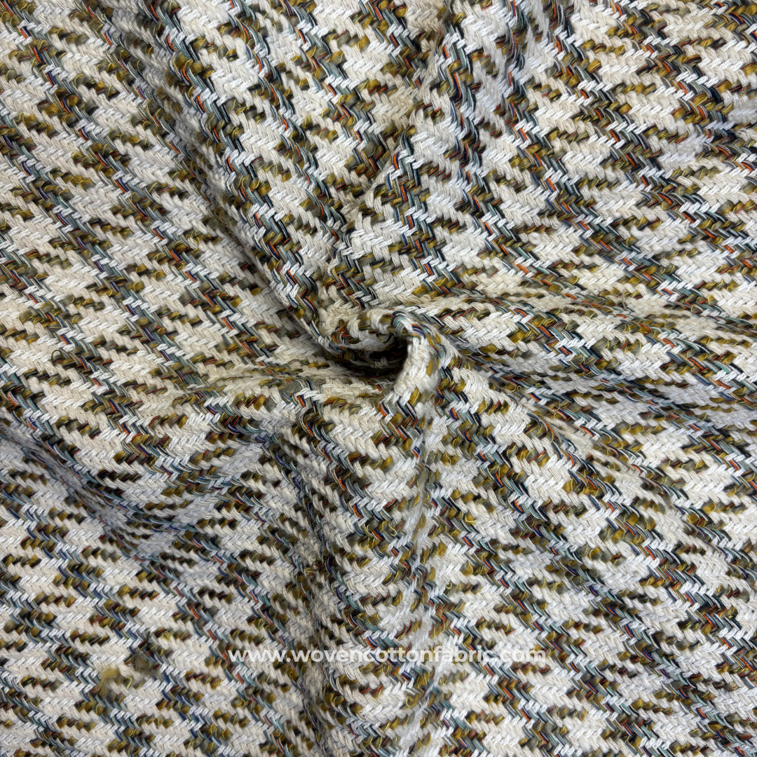 Multi-Color Earthy Houndstooth Tweed Cotton Handloom Fabric, Per Meter