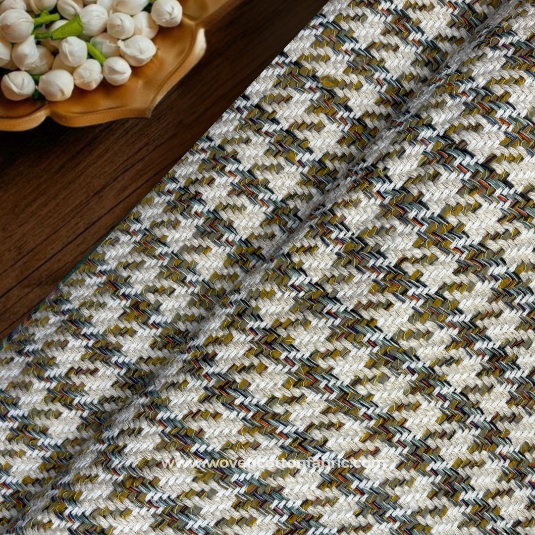 Multi-Color Earthy Houndstooth Tweed Cotton Handloom Fabric, Per Meter