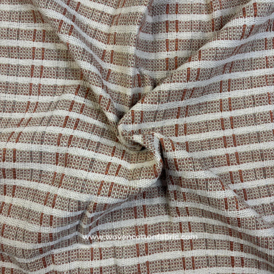 Terracotta Rust and Taupe Textured Dash Grid Cotton Handloom Fabric, Per Meter