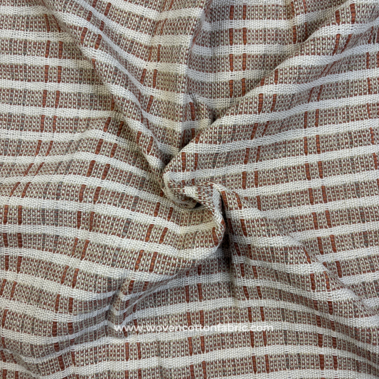Terracotta Rust and Taupe Textured Dash Grid Cotton Handloom Fabric, Per Meter