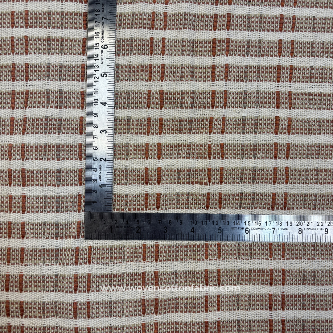 Terracotta Rust and Taupe Textured Dash Grid Cotton Handloom Fabric, Per Meter