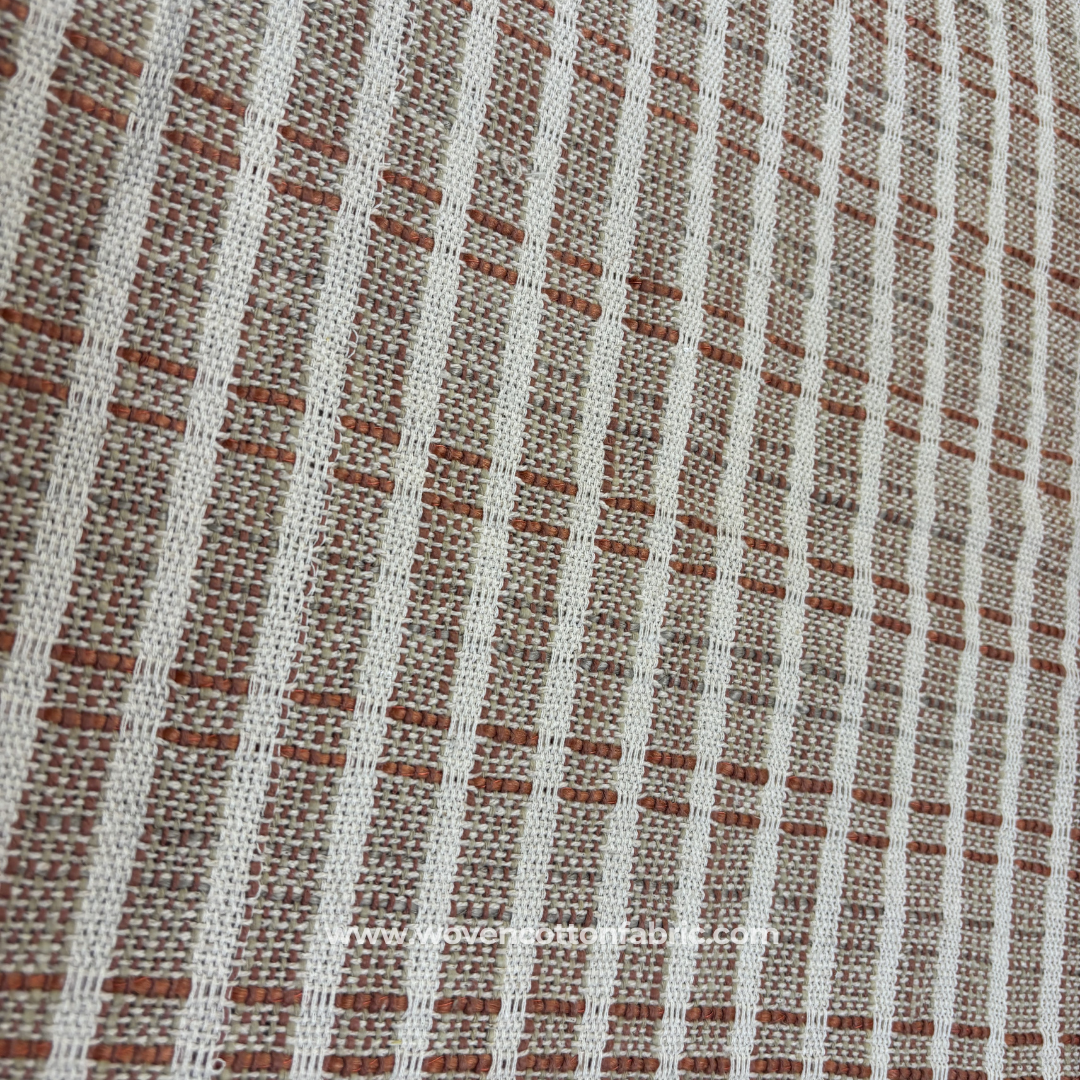 Terracotta Rust and Taupe Textured Dash Grid Cotton Handloom Fabric, Per Meter