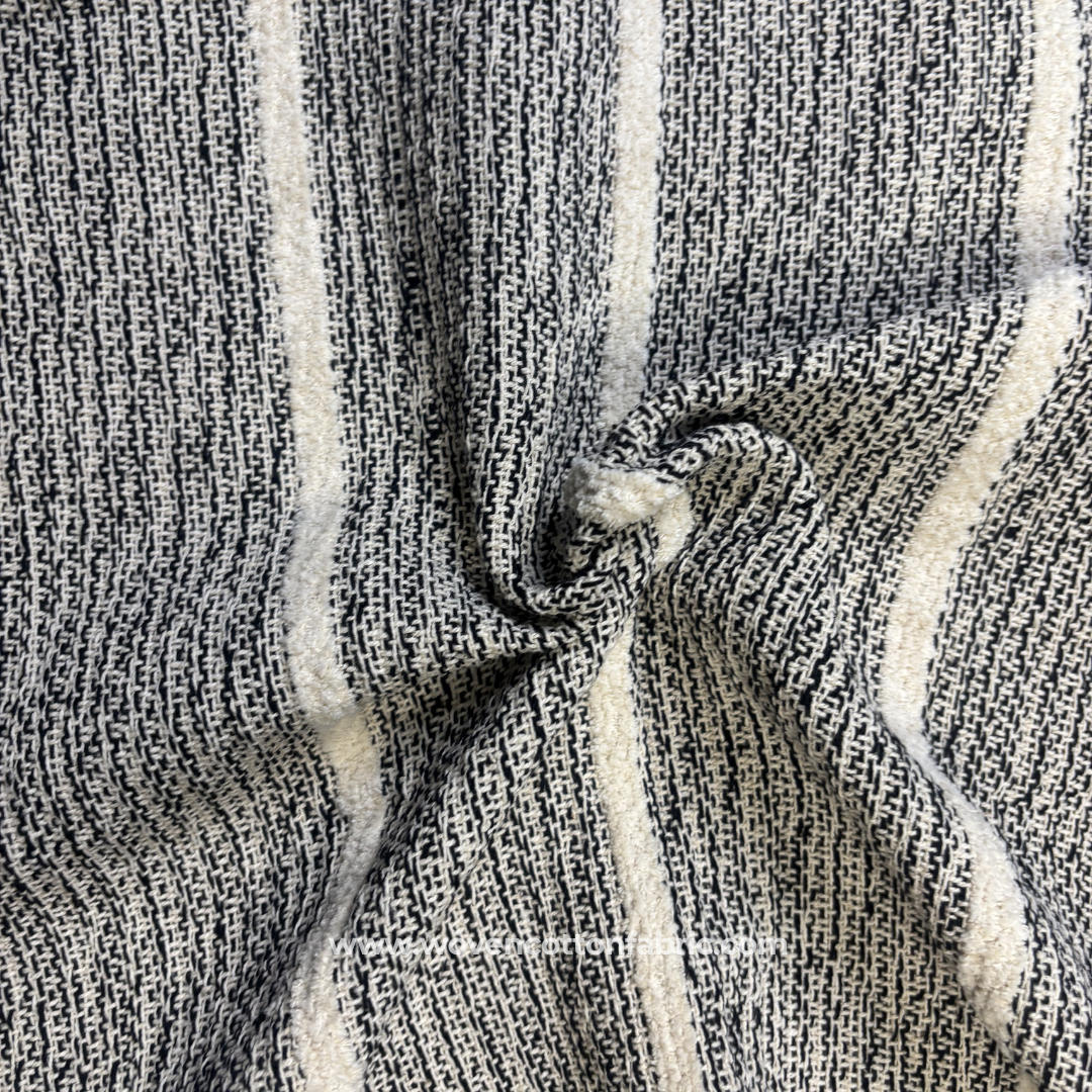 Black and Cream Textured Stripe Cotton Handloom Fabric, Per Meter