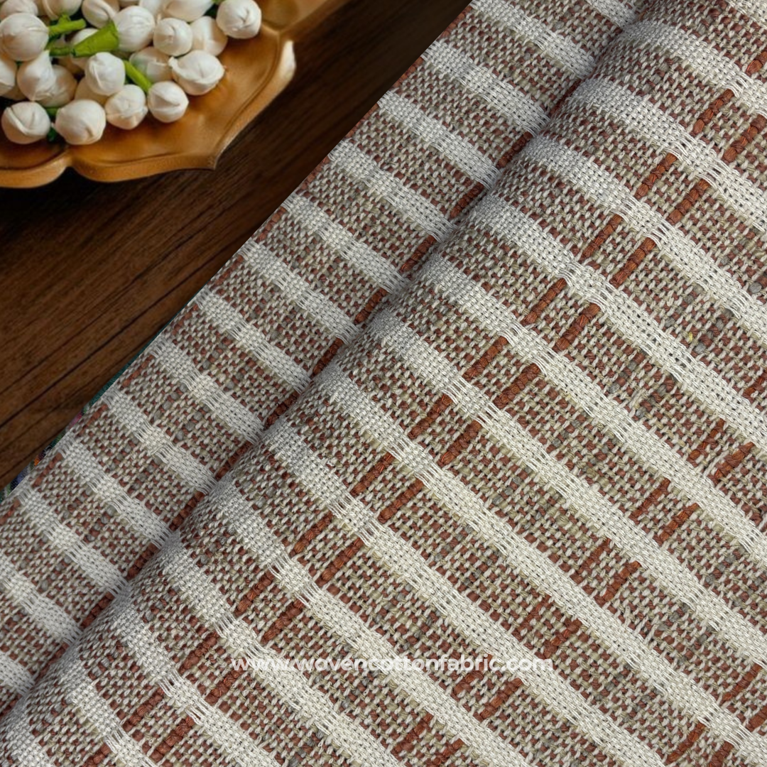 Terracotta Rust and Taupe Textured Dash Grid Cotton Handloom Fabric, Per Meter