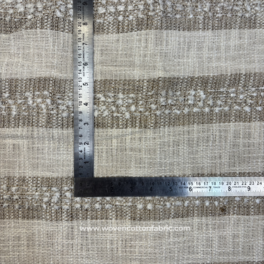 Taupe and Off-White Textured Bouclé Slub Stripe Cotton Handloom Fabric, Per Meter