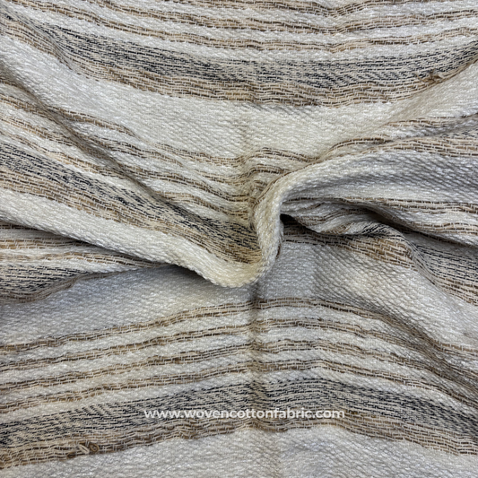 Earthy Taupe and Charcoal Multi-Stripe Textured Cotton Handloom Fabric, Per Meter