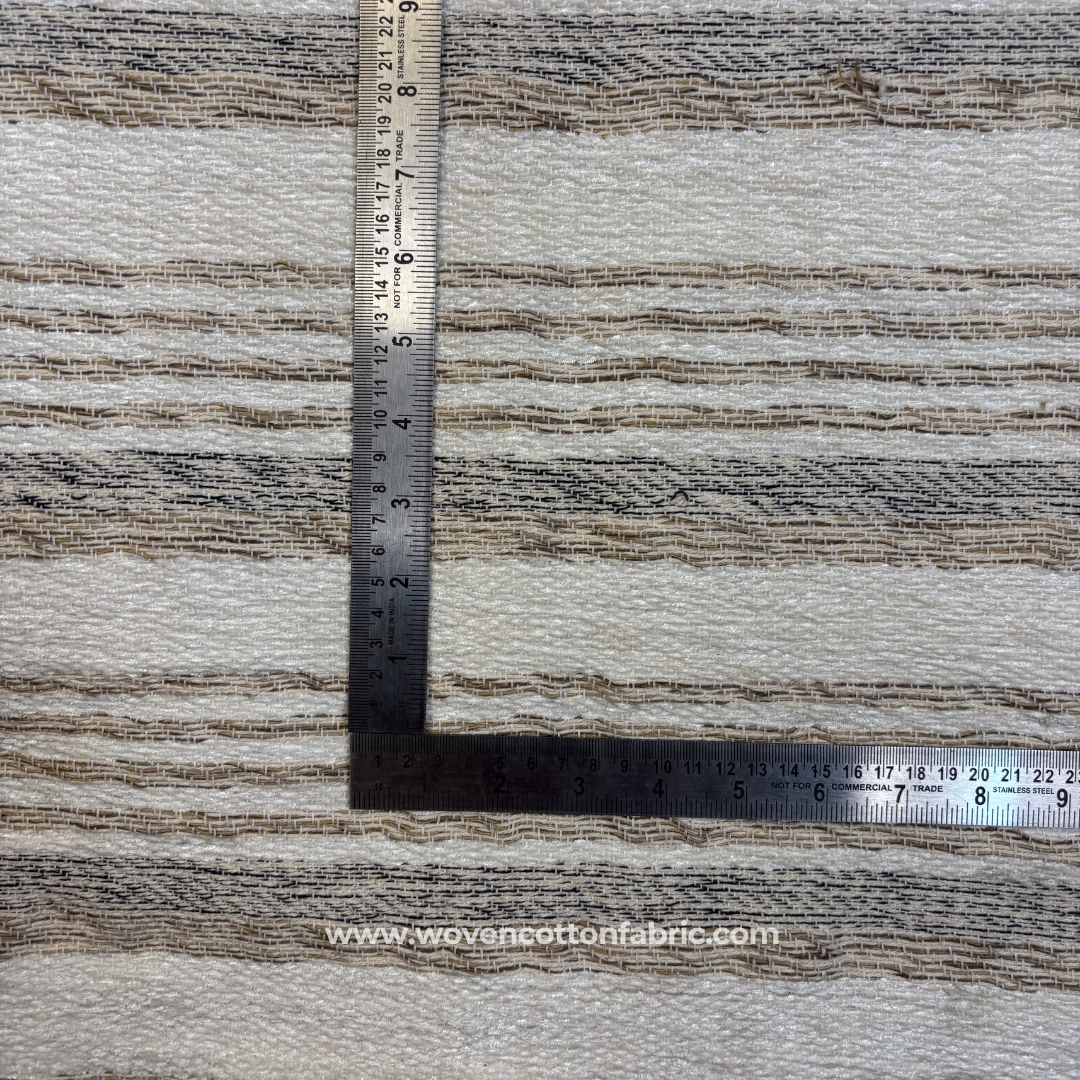 Earthy Taupe and Charcoal Multi-Stripe Textured Cotton Handloom Fabric, Per Meter