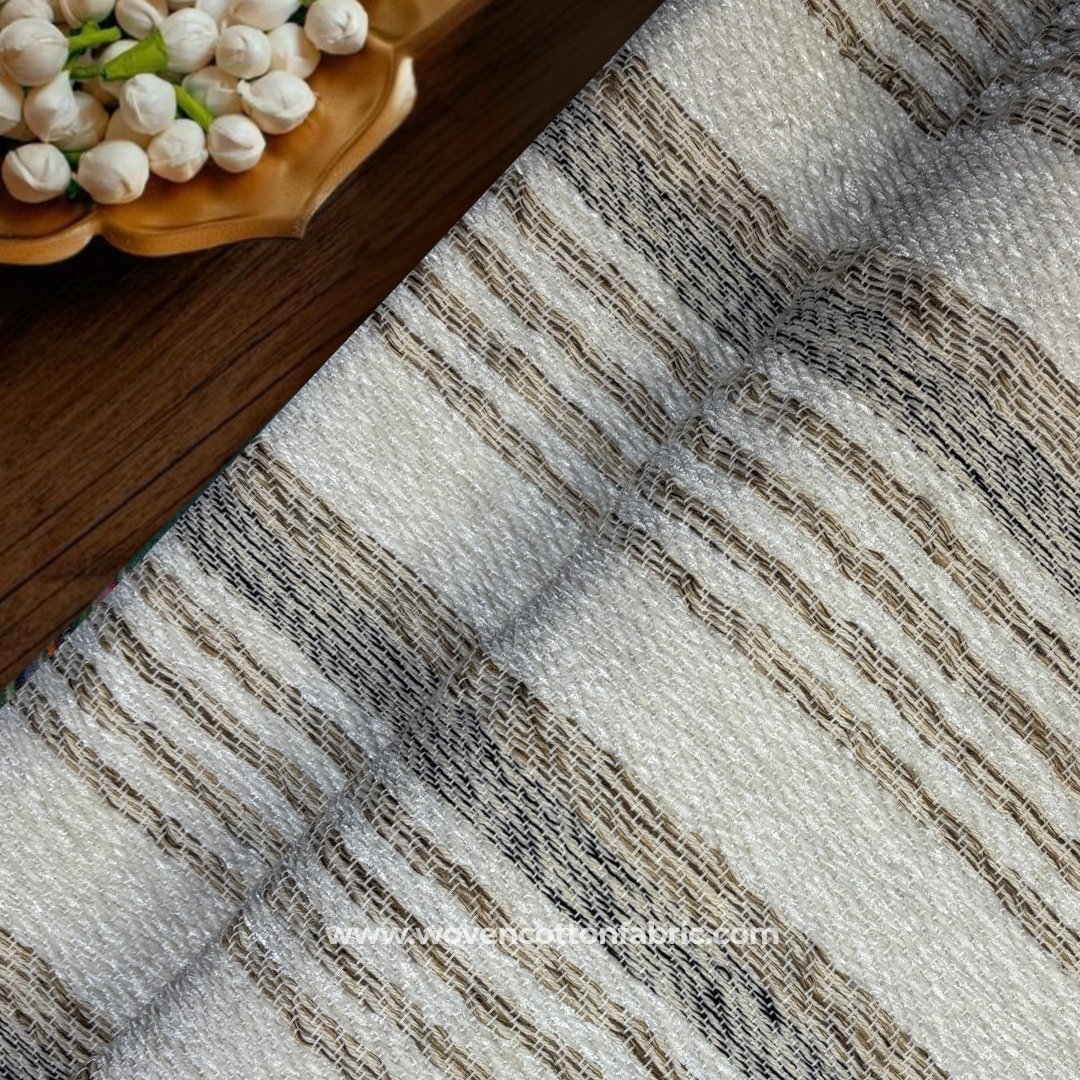Earthy Taupe and Charcoal Multi-Stripe Textured Cotton Handloom Fabric, Per Meter