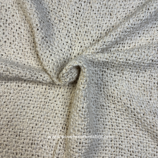 Natural Off-White Chunky Basketweave Textured Cotton Handloom Fabric, Per Meter