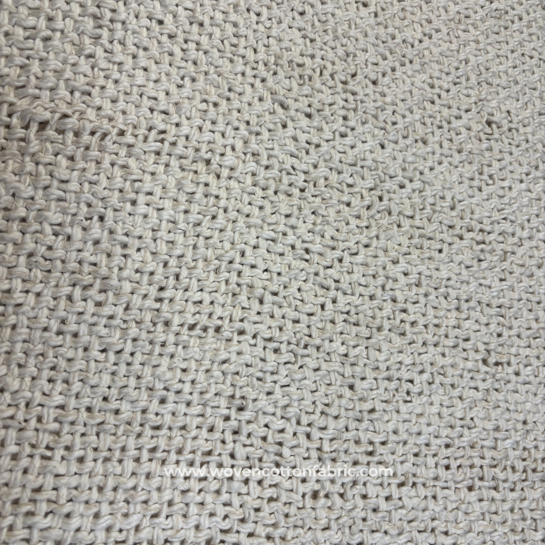 Natural Off-White Chunky Basketweave Textured Cotton Handloom Fabric, Per Meter