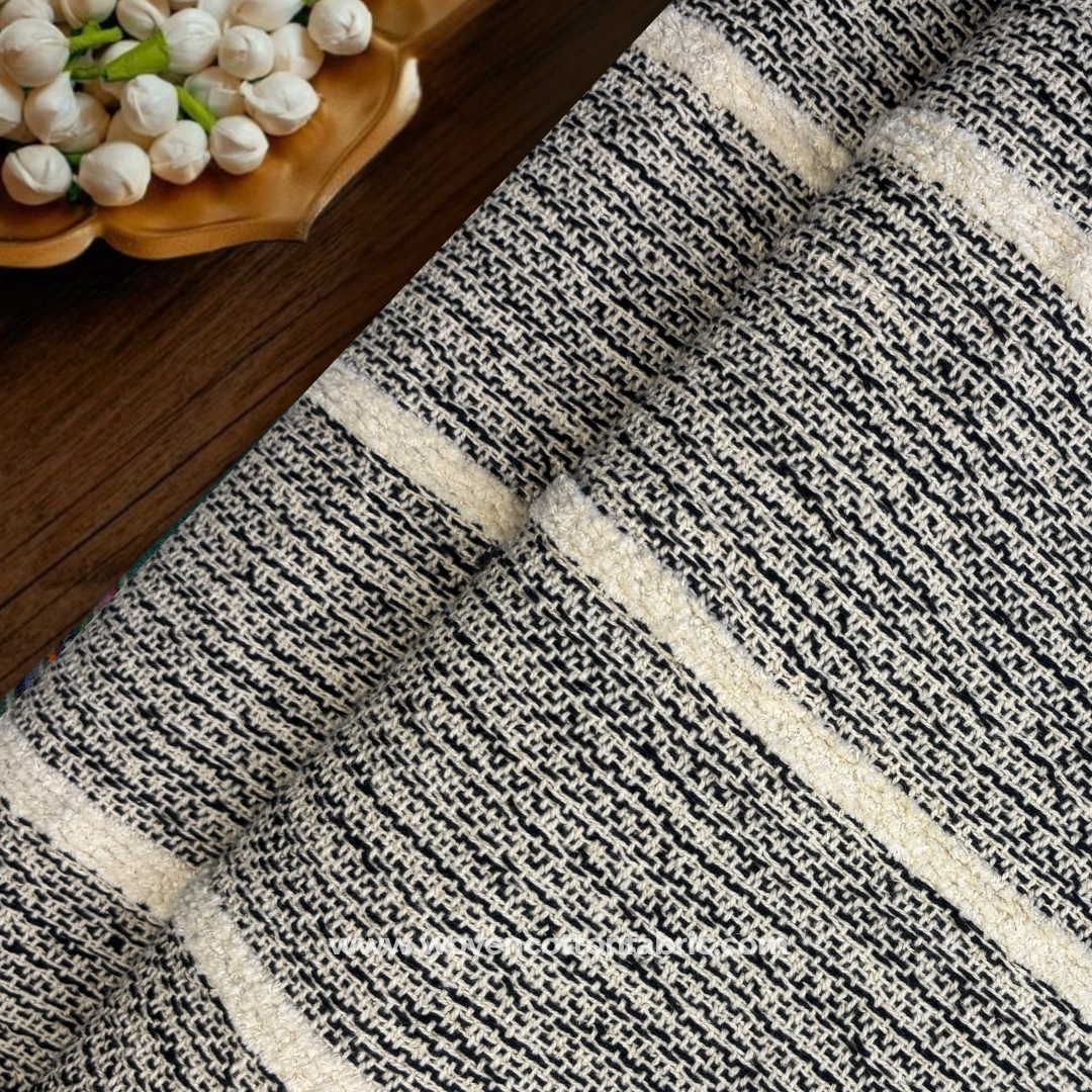 Black and Cream Textured Stripe Cotton Handloom Fabric, Per Meter