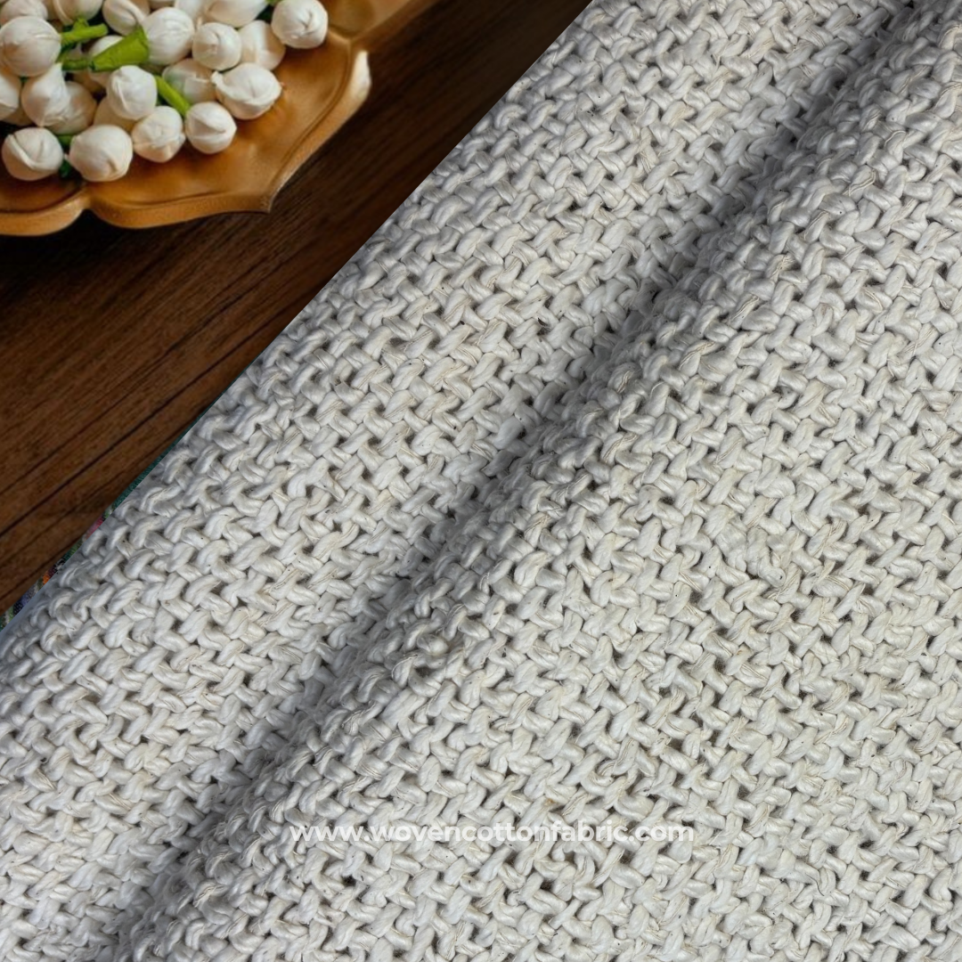 Natural Off-White Chunky Basketweave Textured Cotton Handloom Fabric, Per Meter
