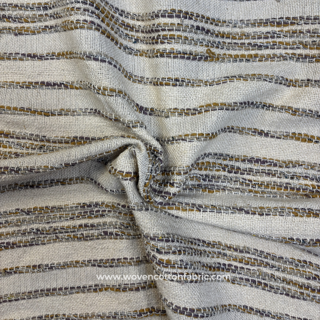 Earthy Mustard and Charcoal Slub Stripe Cotton Handloom Fabric, Per Meter