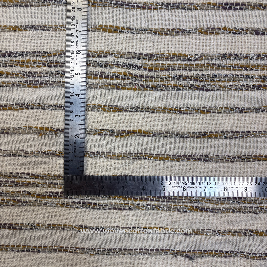 Earthy Mustard and Charcoal Slub Stripe Cotton Handloom Fabric, Per Meter