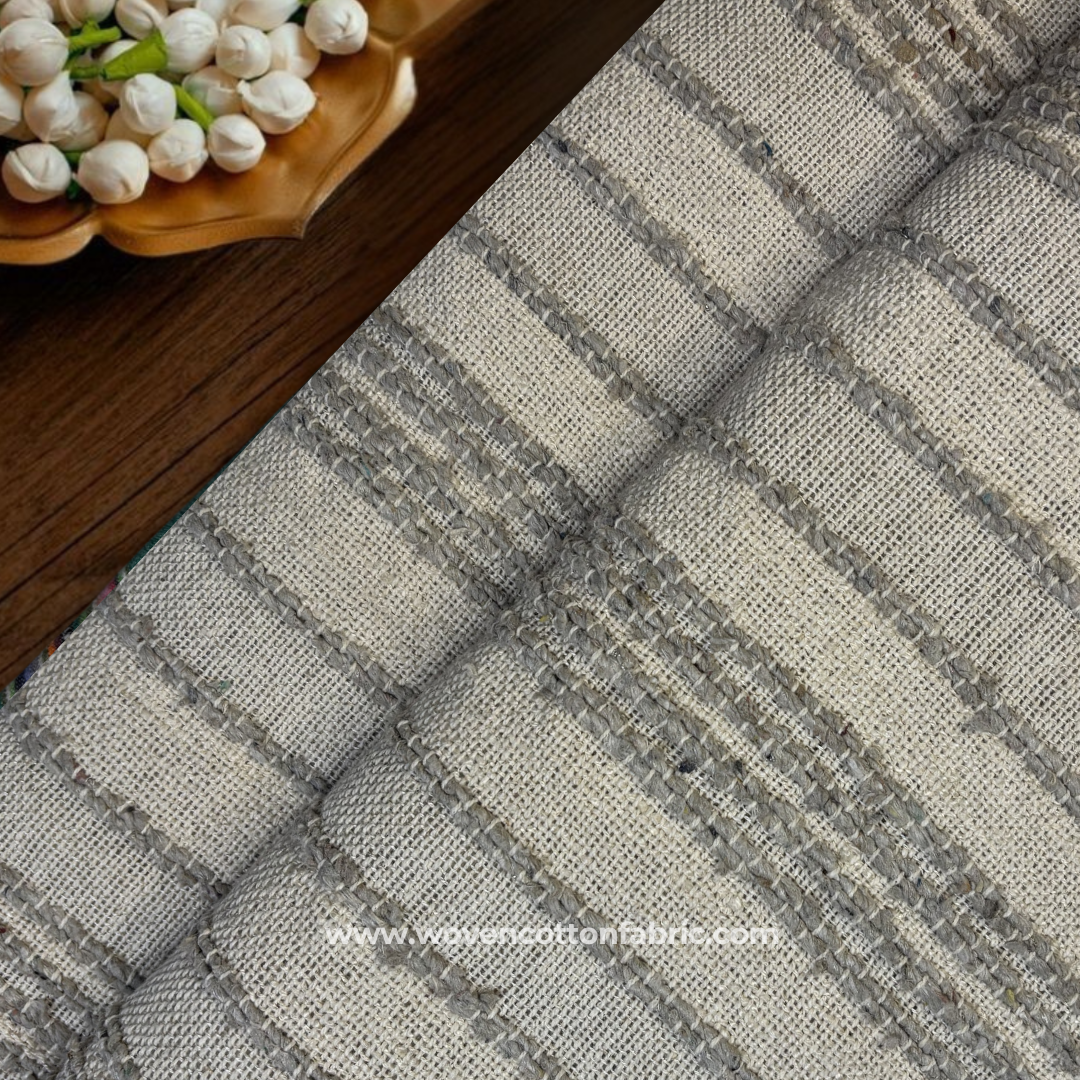 Soft Slate Grey Textured Slub Stripe Cotton Handloom Fabric, Per Meter