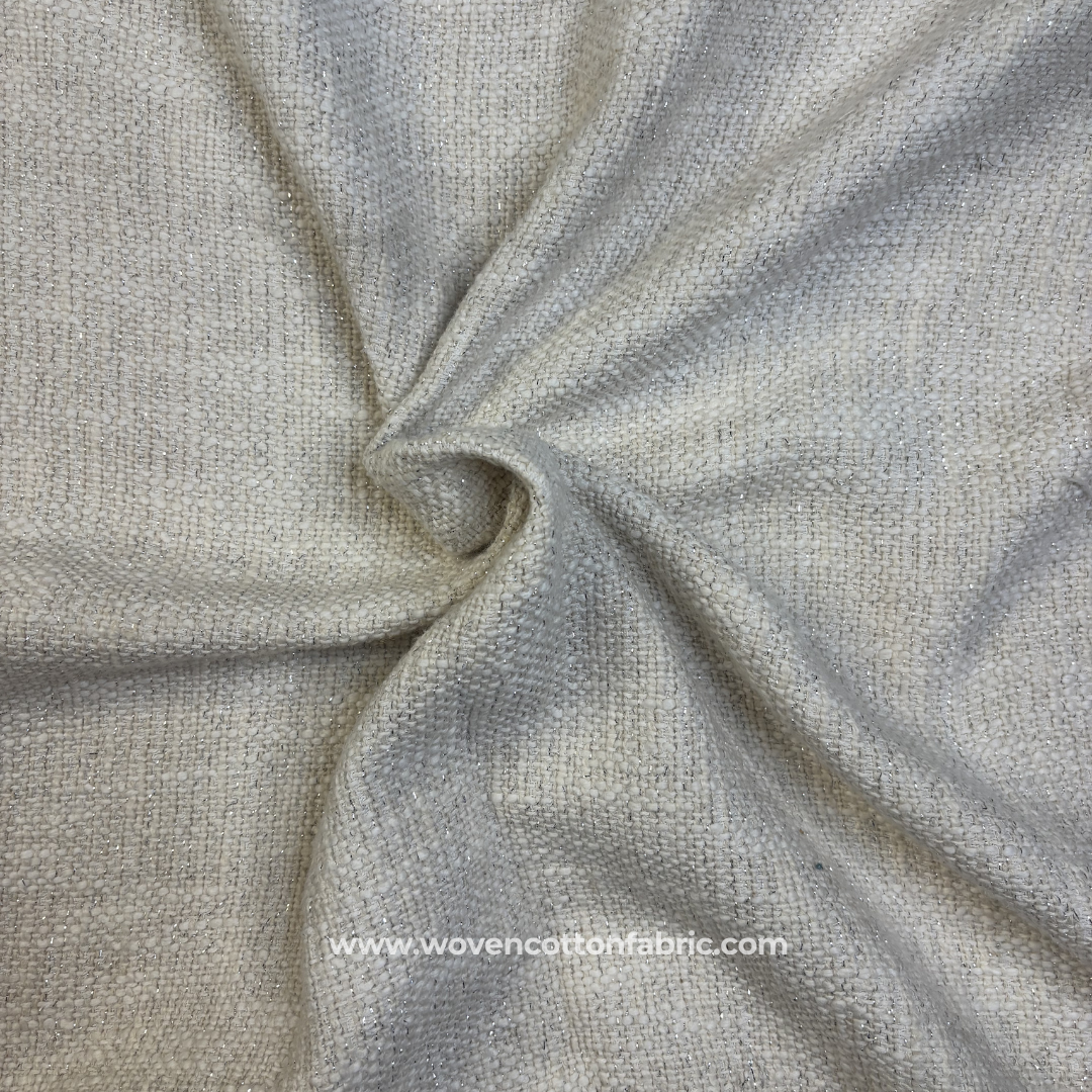 Natural Off-White Textured Slub Tweed Cotton Handloom Fabric with Subtle Silver Zari Metallic Accents, Per Meter