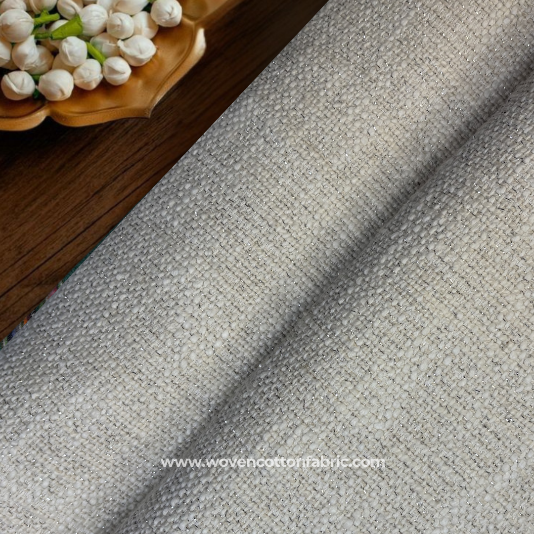 Natural Off-White Textured Slub Tweed Cotton Handloom Fabric with Subtle Silver Zari Metallic Accents, Per Meter