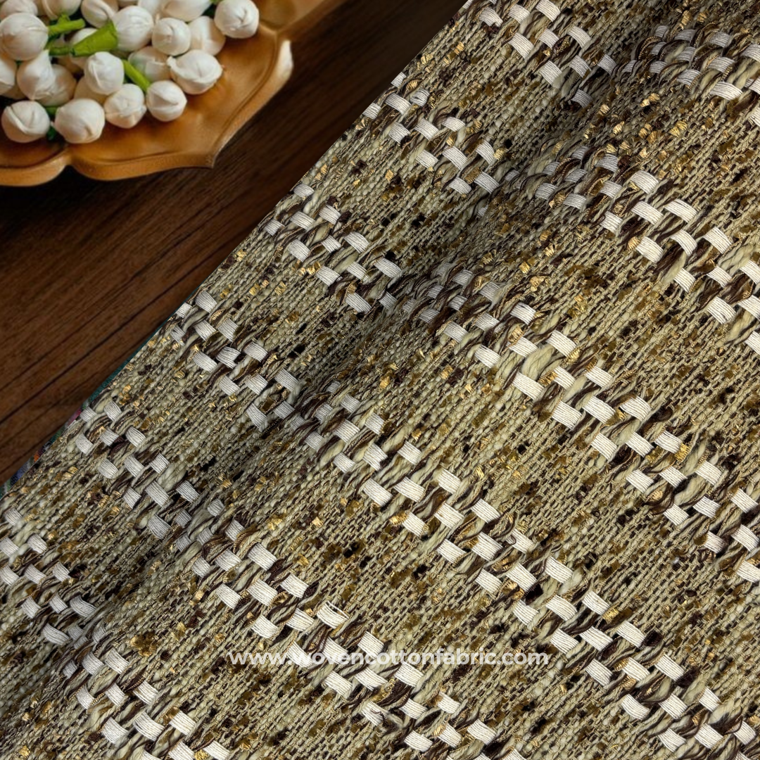 Earthy Antique Gold Flecked Tweed Chevron Cotton Handloom Fabric with Subtle Gold Zari Accents, Per Meter