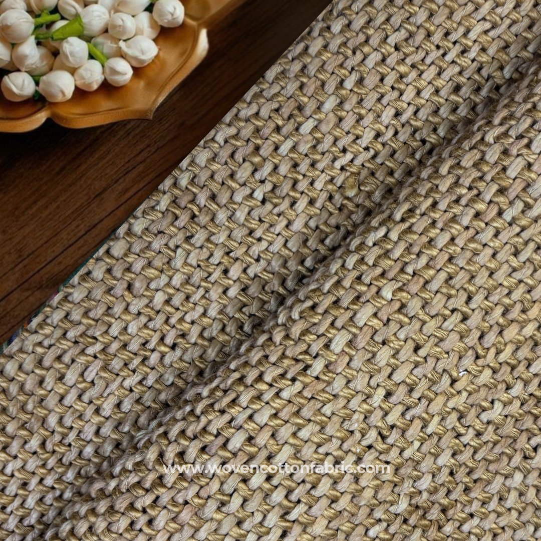 Natural Tan and Beige Chunky Basketweave Textured Cotton Handloom Fabric, Per Meter
