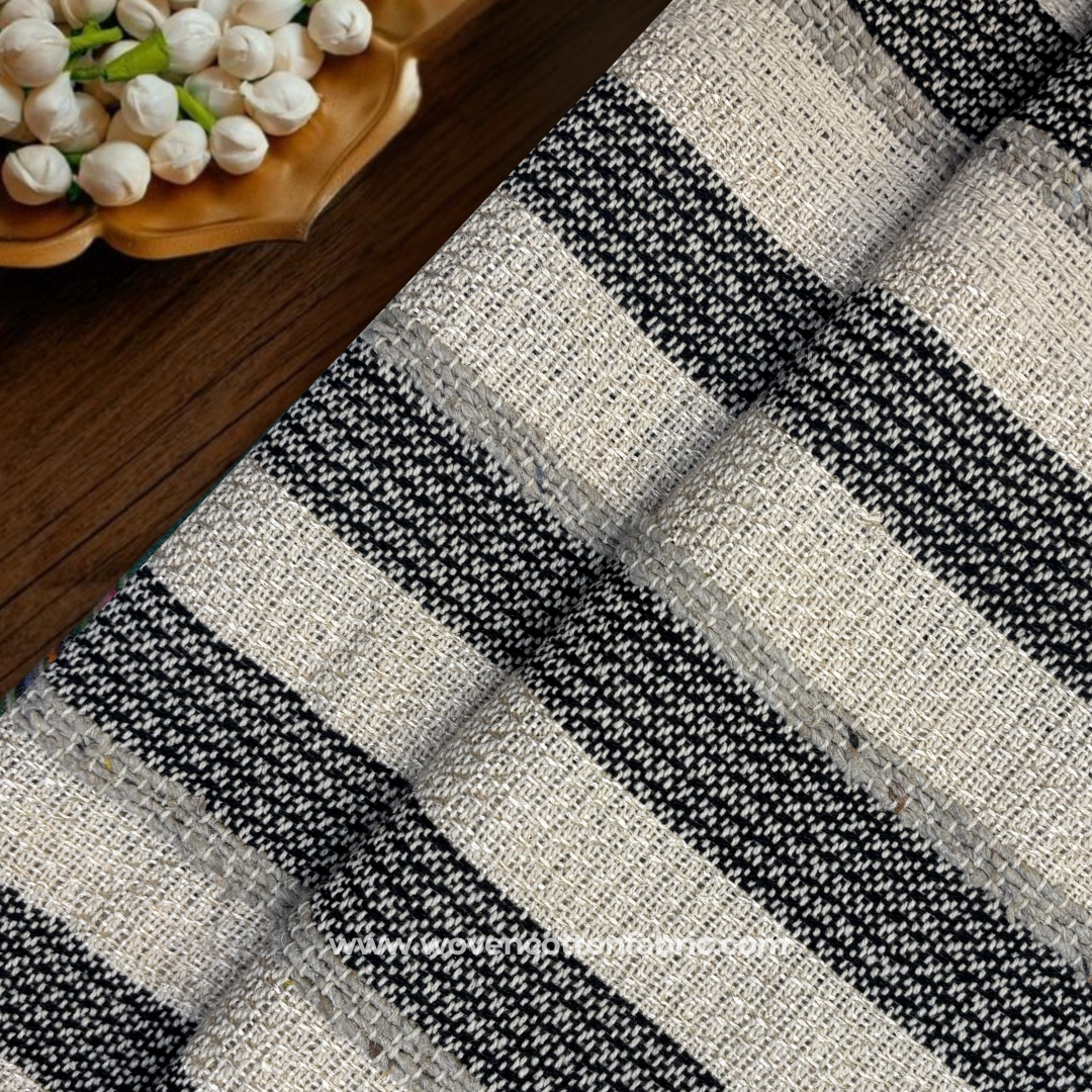 Monochrome Charcoal Black and Grey Multi-Stripe Textured Cotton Handloom Fabric, Per Meter
