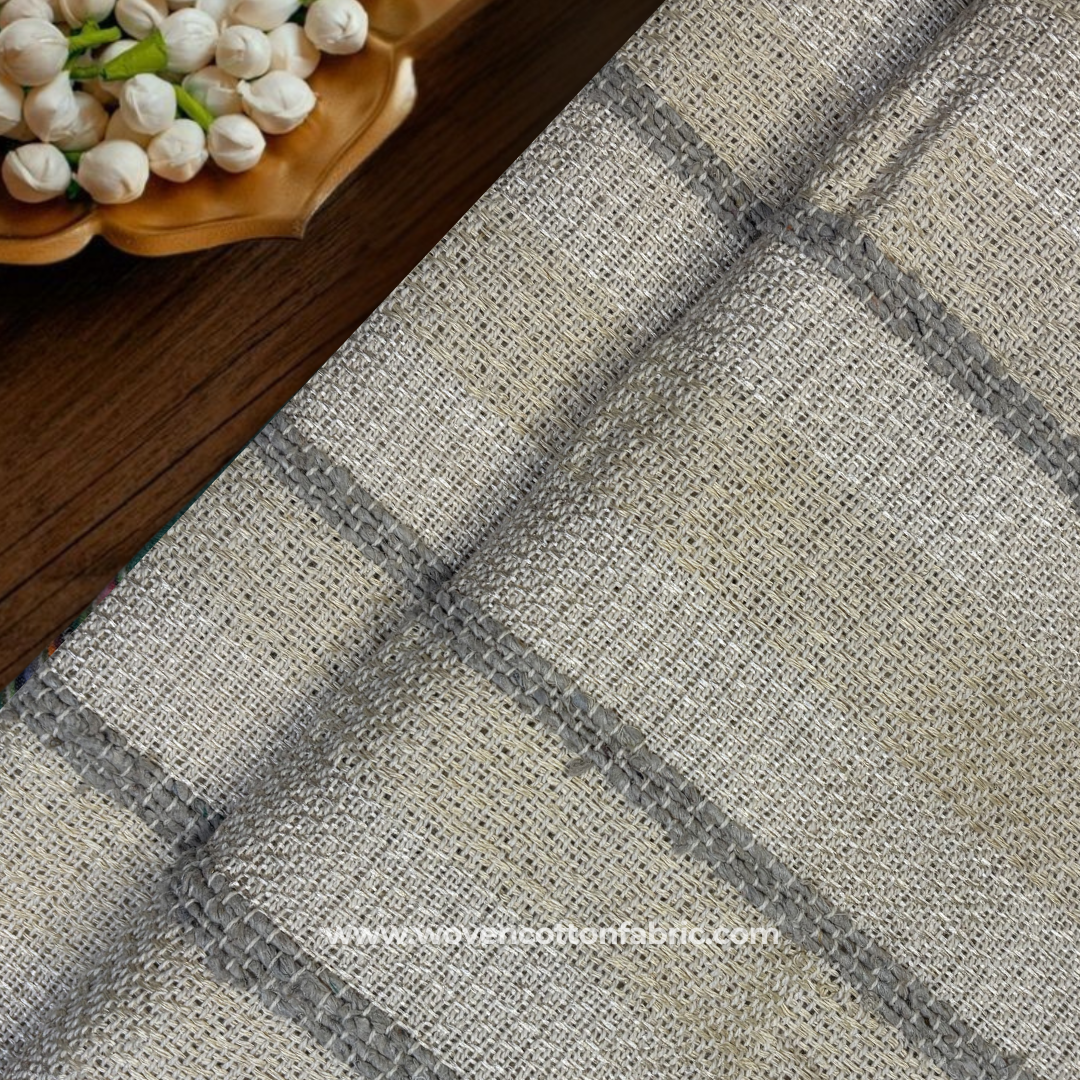 Soft Khaki and Slate Grey Multi-Stripe Textured Cotton Handloom Fabric, Per Meter