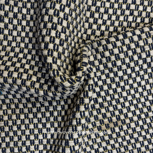 Midnight Navy and Off-White Textured Mosaic Geometric Block Cotton Handloom Fabric with Brilliant Gold Zari Accents, Per Meter