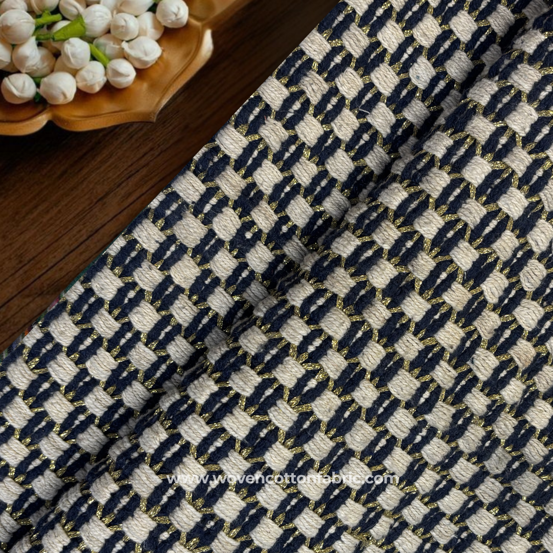 Midnight Navy and Off-White Textured Mosaic Geometric Block Cotton Handloom Fabric with Brilliant Gold Zari Accents, Per Meter