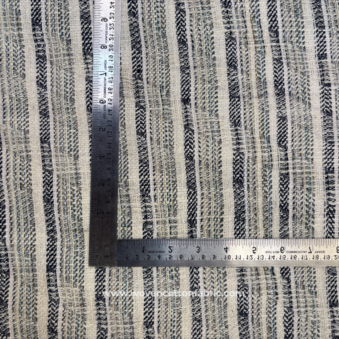 Crimson Red and Slate Blue Multi-Stripe Textured Cotton Handloom Fabric, Per Meter
