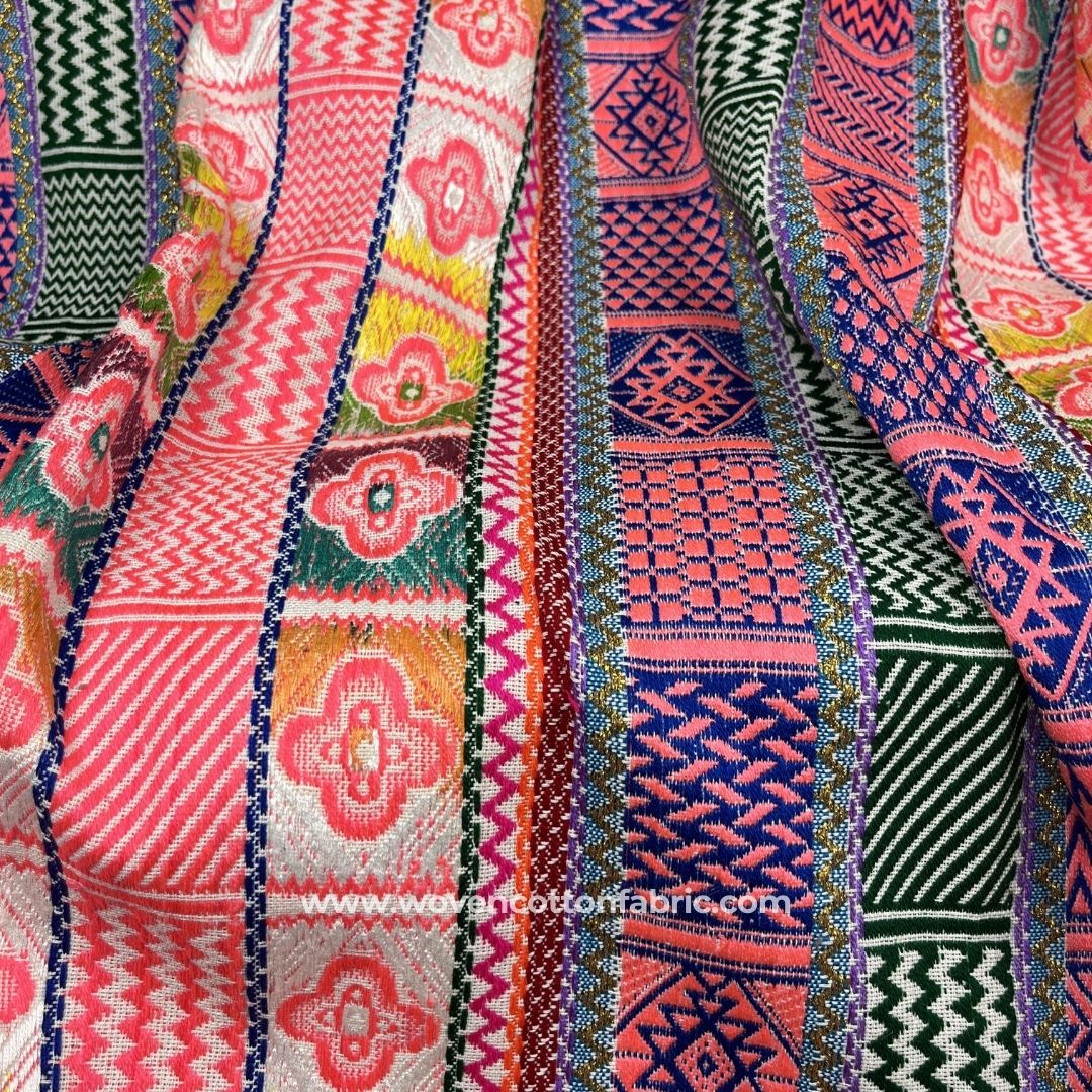 Dazzling Motifs Pink Cotton Jacquard Fabric, Per Meter