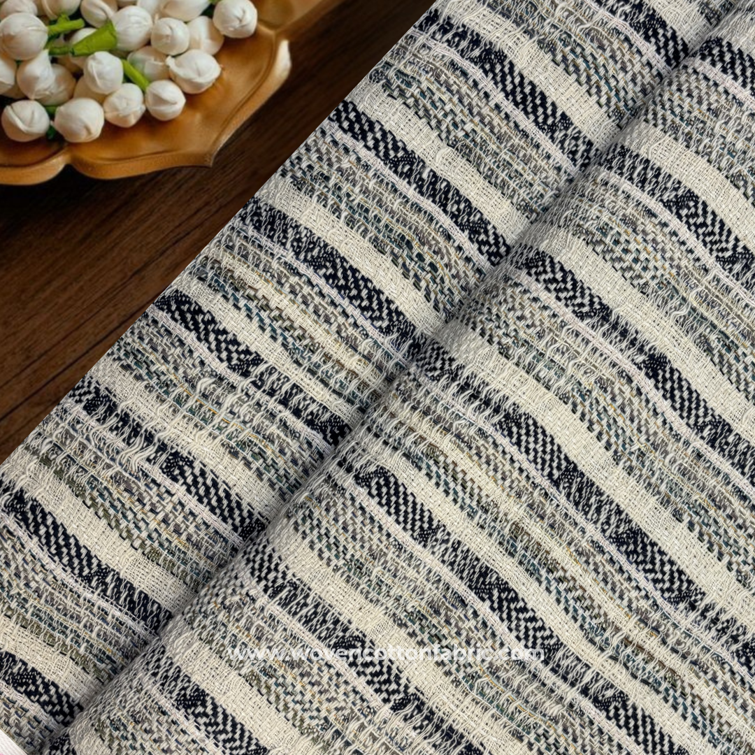 Crimson Red and Slate Blue Multi-Stripe Textured Cotton Handloom Fabric, Per Meter