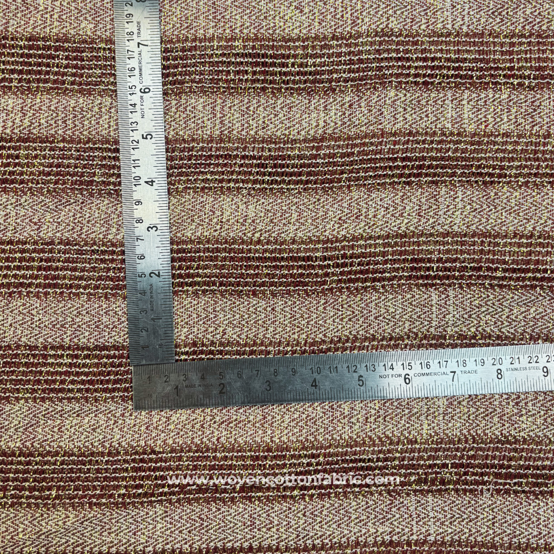 Festive Crimson Maroon Herringbone Chevron Cotton Handloom Fabric with Brilliant Gold Zari Accents, Per Meter