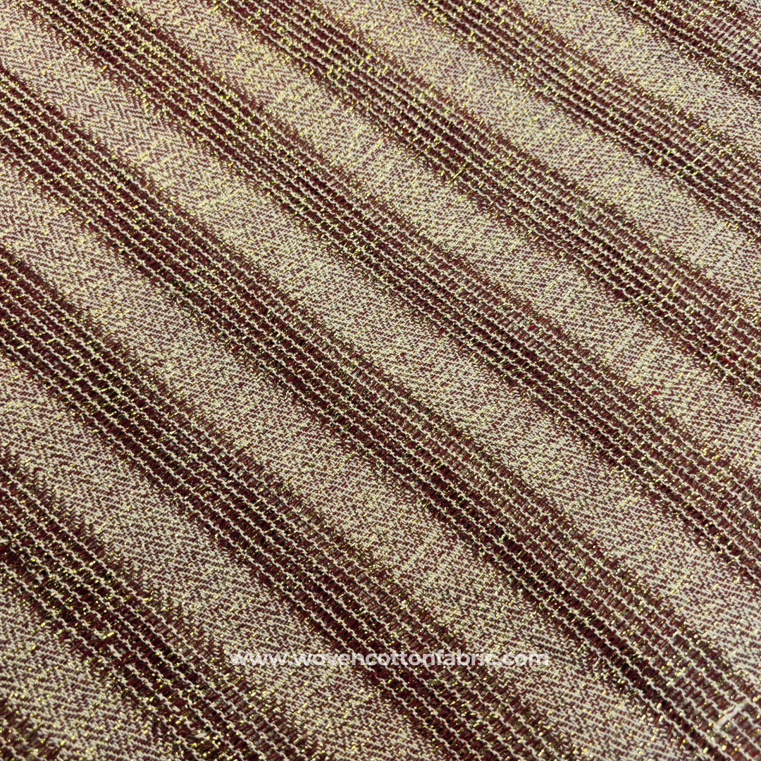 Festive Crimson Maroon Herringbone Chevron Cotton Handloom Fabric with Brilliant Gold Zari Accents, Per Meter