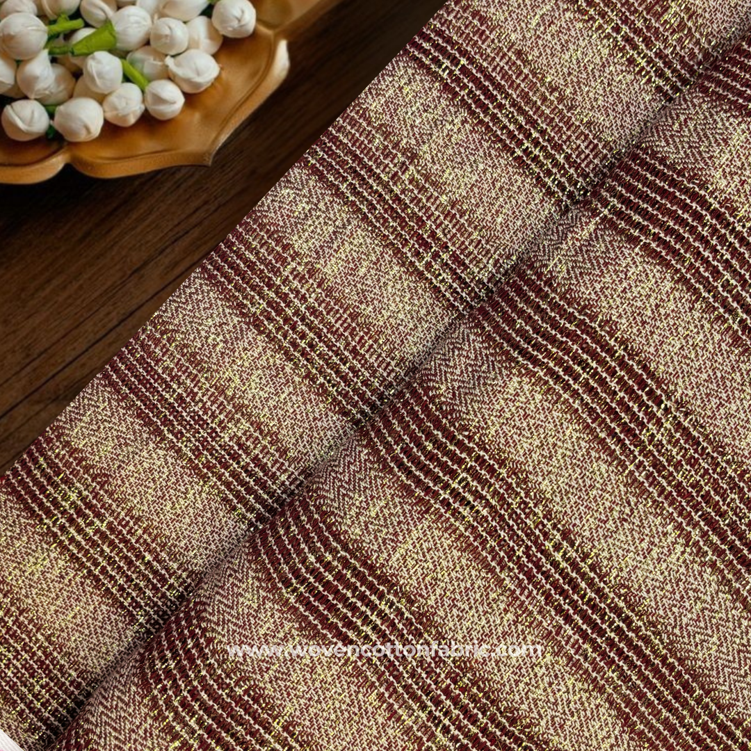 Festive Crimson Maroon Herringbone Chevron Cotton Handloom Fabric with Brilliant Gold Zari Accents, Per Meter