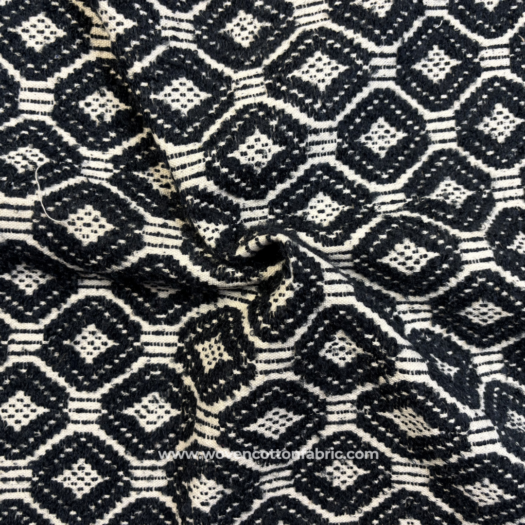 Monochrome Charcoal Black Textured Geometric Diamond Ikat Handloom Cotton Fabric, Per Meter