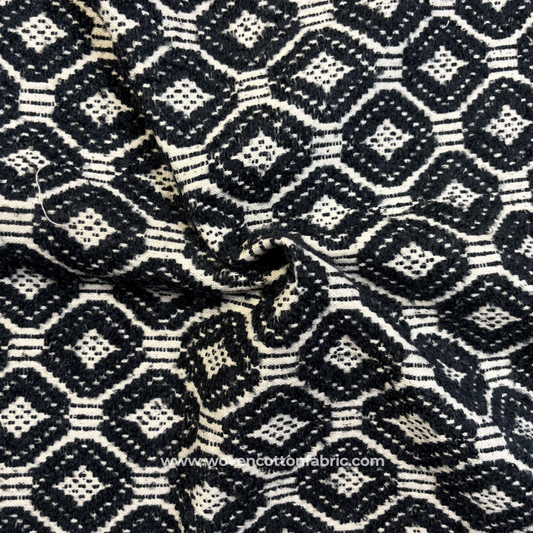 Monochrome Charcoal Black Textured Geometric Diamond Ikat Handloom Cotton Fabric, Per Meter