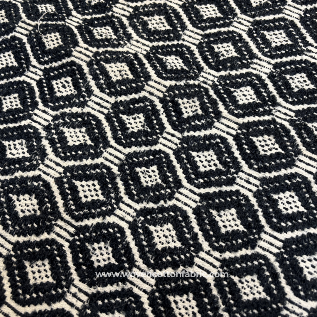 Monochrome Charcoal Black Textured Geometric Diamond Ikat Handloom Cotton Fabric, Per Meter