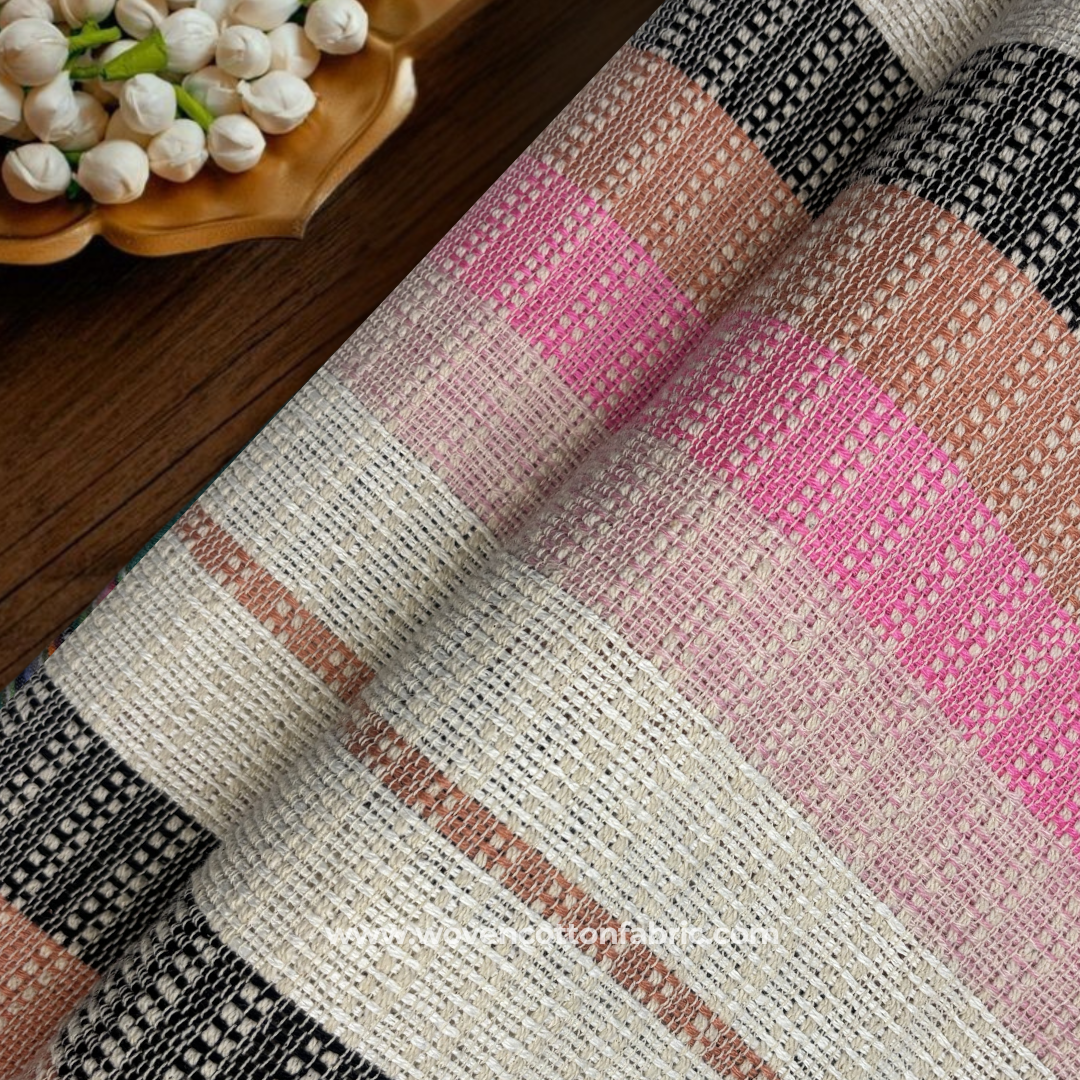 Multi-Color Candy Stripe Cotton Handloom Fabric, Per Meter