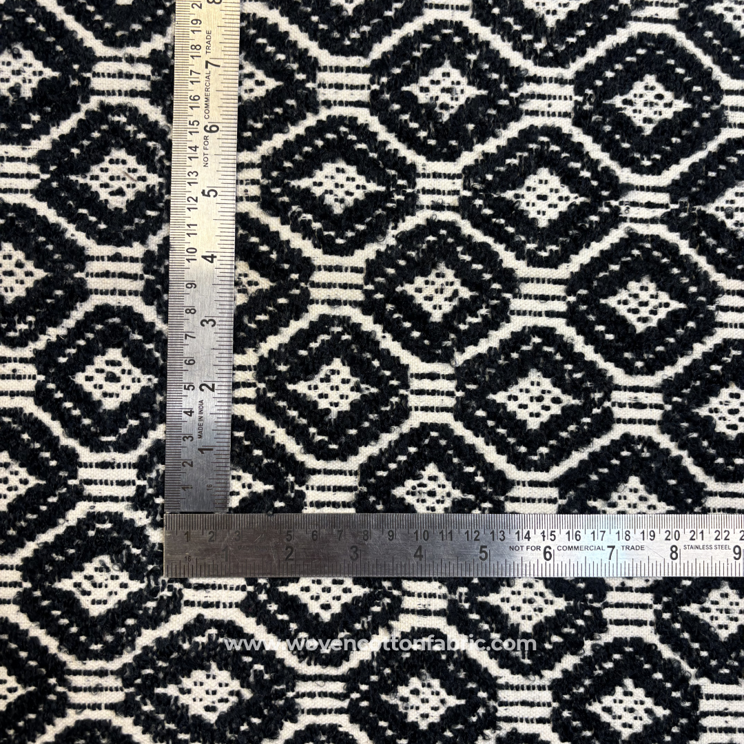 Monochrome Charcoal Black Textured Geometric Diamond Ikat Handloom Cotton Fabric, Per Meter
